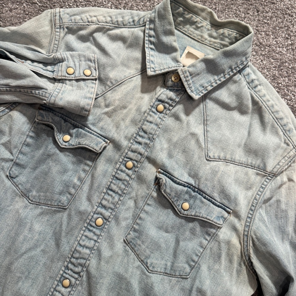 H&M Shirt Women S Blue Denim Chambray Western Cowgirl Pearl Snap Cotton Rodeo